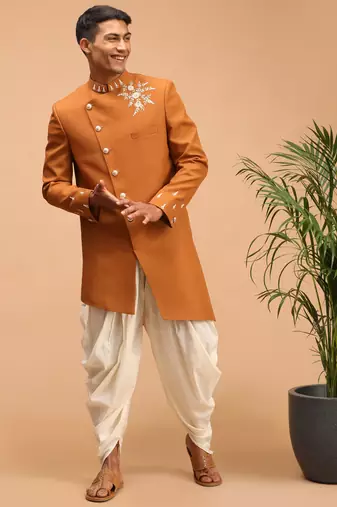 Vastramay men's mustard and cream silk blend sherwani set