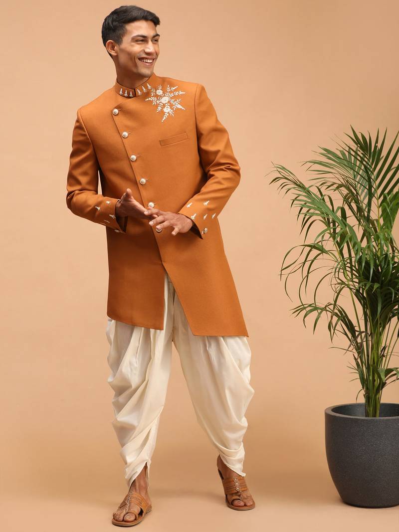 Vastramay men's mustard and cream silk blend sherwani set