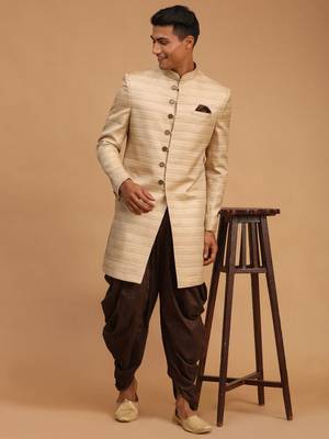 Beige And Brown Silk Blend Sherwani Set 1