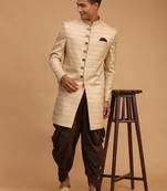Beige And Brown Silk Blend Sherwani Set