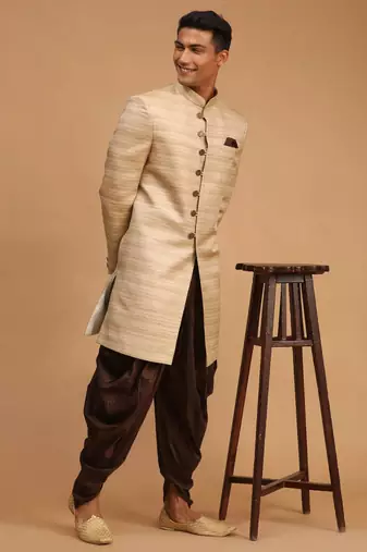 Beige And Brown Silk Blend Sherwani Set