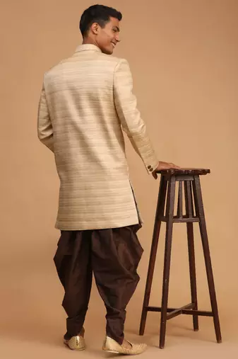 Beige And Brown Silk Blend Sherwani Set