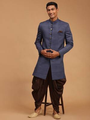 Navy Blue And Brown Silk Blend Sherwani Set 1
