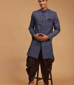 Navy Blue And Brown Silk Blend Sherwani Set