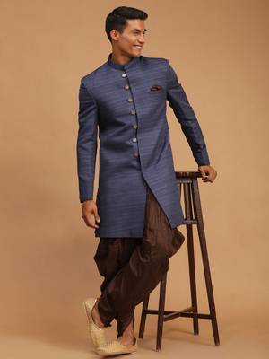 Navy Blue And Brown Silk Blend Sherwani Set 2