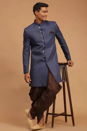 Navy Blue And Brown Silk Blend Sherwani Set