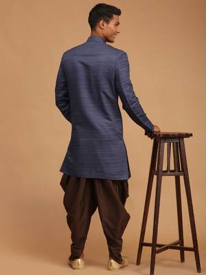 Navy Blue And Brown Silk Blend Sherwani Set 3