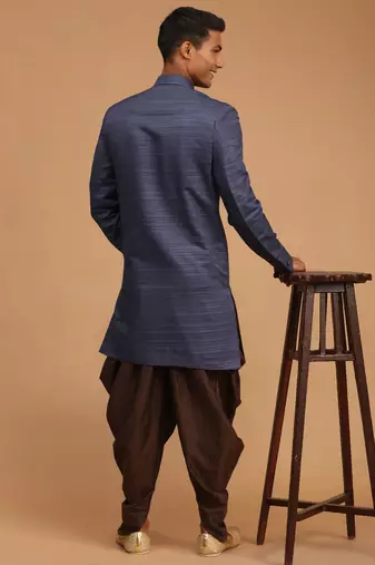 Navy Blue And Brown Silk Blend Sherwani Set