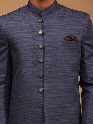 Navy Blue And Brown Silk Blend Sherwani Set 4