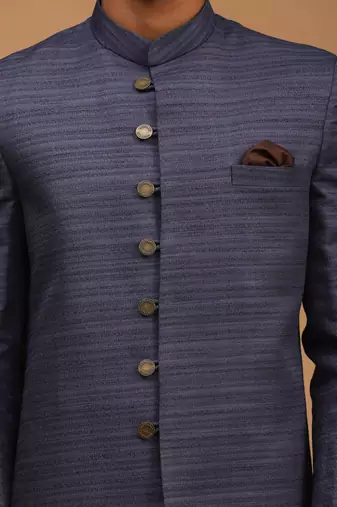 Navy Blue And Brown Silk Blend Sherwani Set