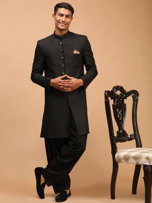 Black Silk Blend Sherwani Set 1