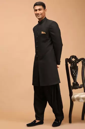 Black Silk Blend Sherwani Set