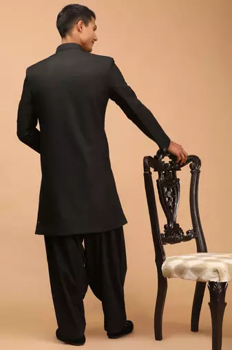 Black Silk Blend Sherwani Set