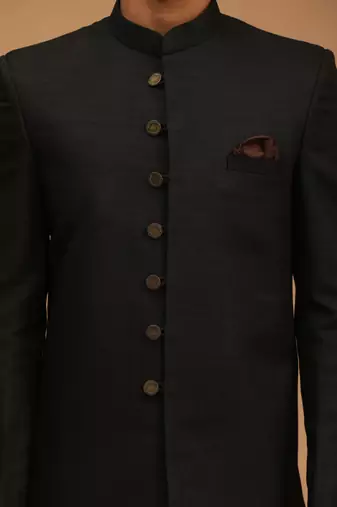 Black Silk Blend Sherwani Set