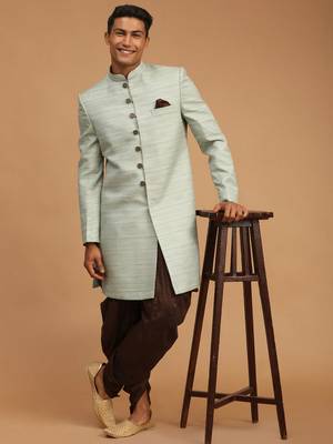 Mint Green And Brown Silk Blend Sherwani Set 1