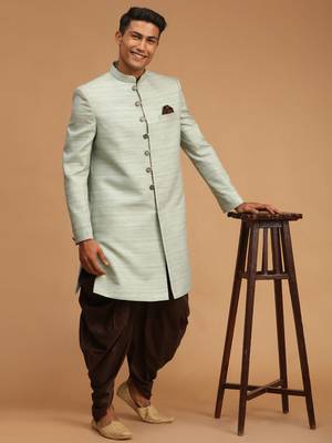 Mint Green And Brown Silk Blend Sherwani Set 2