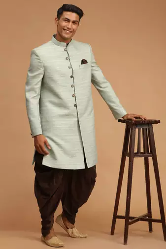 Mint Green And Brown Silk Blend Sherwani Set