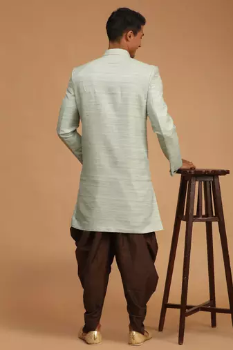 Mint Green And Brown Silk Blend Sherwani Set