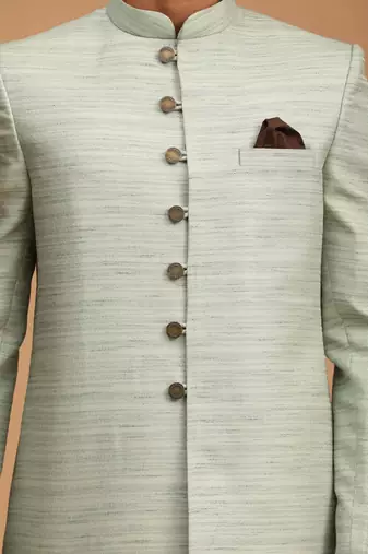 Mint Green And Brown Silk Blend Sherwani Set