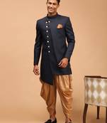 Men'S Navy Blue And Rose Gold Cotton Blend Sherwani Set