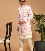 Men'S Multicolor Base Pink Silk Blend Sherwani Set
