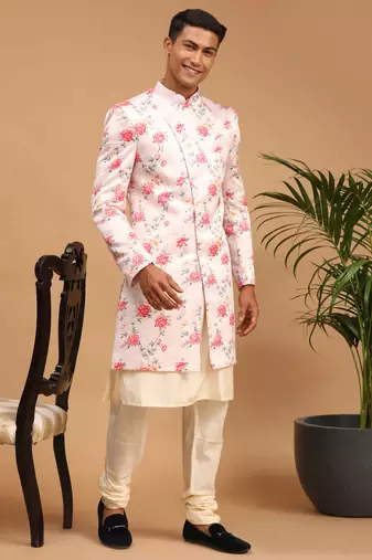 Multicolor Base Pink Silk Blend Sherwani Set