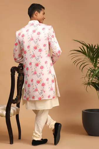 Multicolor Base Pink Silk Blend Sherwani Set