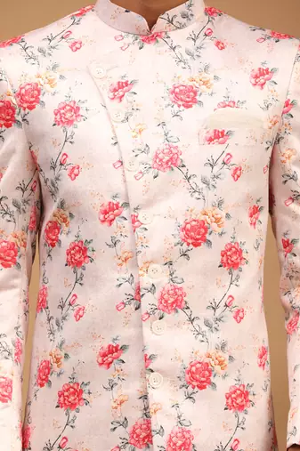 Multicolor Base Pink Silk Blend Sherwani Set