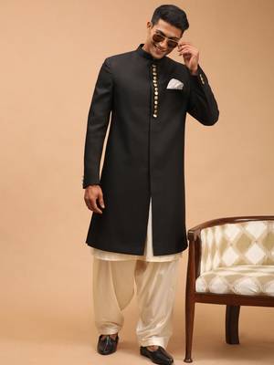  black and cream viscose sherwani set 1