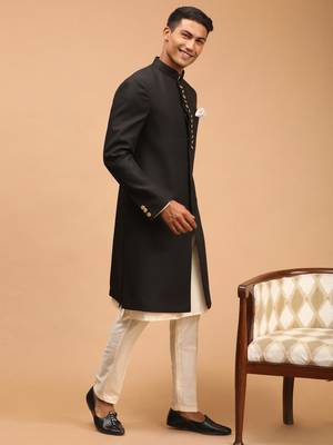 Black And Cream Viscose Sherwani Set 2