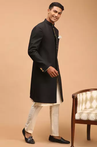 Black And Cream Viscose Sherwani Set