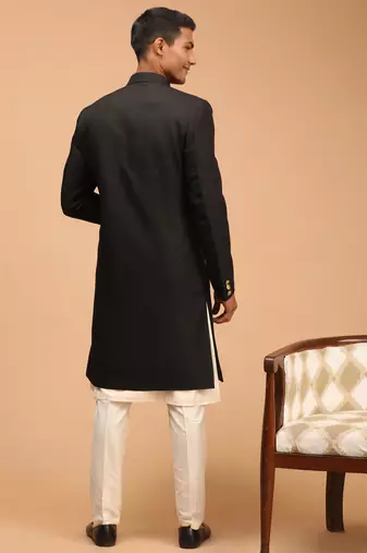Black And Cream Viscose Sherwani Set