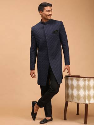Mens Navy Blue And Black Silk Blend Sherwani Set 1