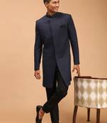 Mens Navy Blue And Black Silk Blend Sherwani Set
