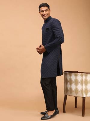 Mens Navy Blue And Black Silk Blend Sherwani Set 2