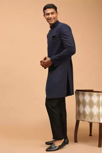 Mens Navy Blue And Black Silk Blend Sherwani Set