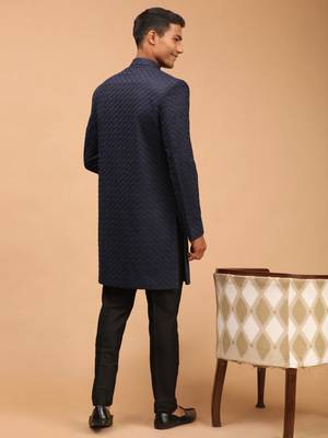 Mens Navy Blue And Black Silk Blend Sherwani Set 3