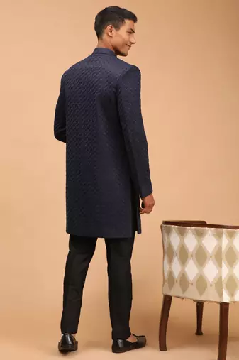 Mens Navy Blue And Black Silk Blend Sherwani Set