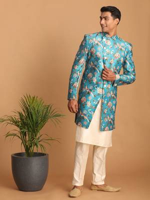 Multicolor Base Blue Silk Blend Sherwani Set 1