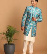Men'S Multicolor Base Blue Silk Blend Sherwani Set