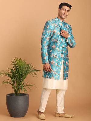 Multicolor Base Blue Silk Blend Sherwani Set 2