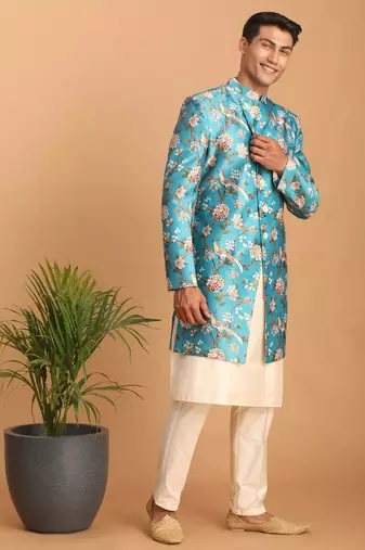 Multicolor Base Blue Silk Blend Sherwani Set
