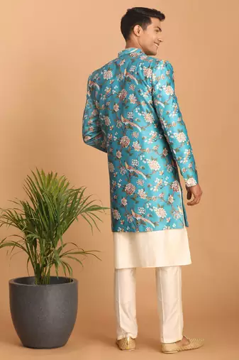 Multicolor Base Blue Silk Blend Sherwani Set