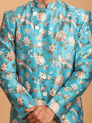 Multicolor Base Blue Silk Blend Sherwani Set 4