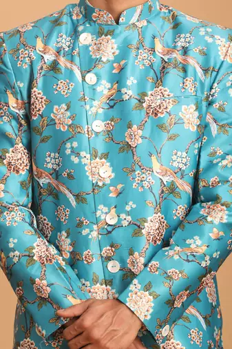 Multicolor Base Blue Silk Blend Sherwani Set