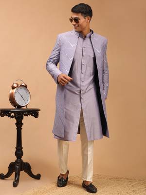 Purple And Cream Viscose Sherwani Set 1