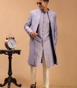 Purple And Cream Viscose Sherwani Set