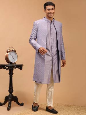 Purple And Cream Viscose Sherwani Set 2