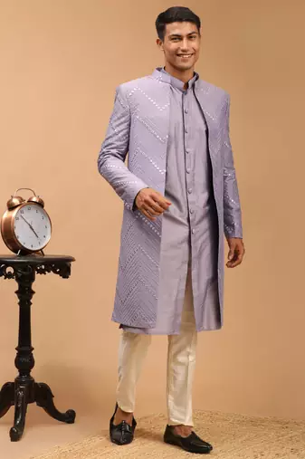 Purple And Cream Viscose Sherwani Set
