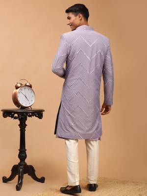 Purple And Cream Viscose Sherwani Set 3